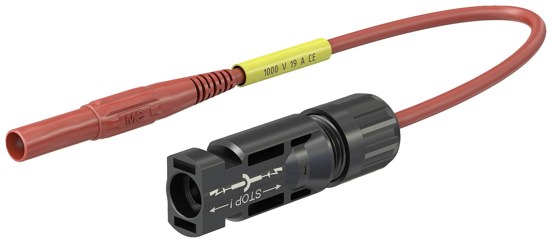 Ein rotes, flexibles Kabel mit einem schwarzen Adapter und Stecker. Der Adapter ist mit 'STOP' beschriftet. Geeignet für 1000 V, 30 A DC.