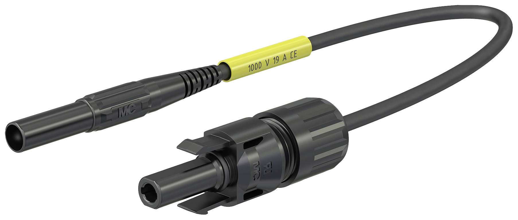 Schwarzes Solarmodul-Verbindungskabel mit Steckverbindungen, geeignet für 1000V 30A, beschriftet '1000 V 30 A CE' auf gelbem Etikett.