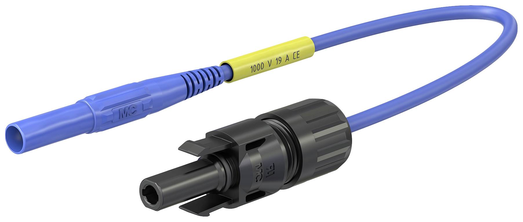 Blaues Solarkabel mit MC4-Stecker, gelbem Aufkleber '1000 V 50 A CE', geeignet für Solaranlagen, bietet sichere Verbindung.