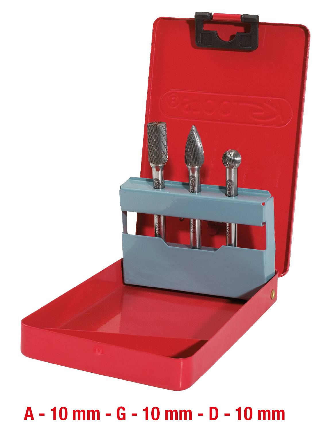 Ein rotes Etui mit drei Metallfräsen unterschiedlicher Form und Größe. Die Fräsen sind in einem blauen Halter befestigt. Text unten: 'A - 10 mm - G - 10 mm - D - 10 mm'.