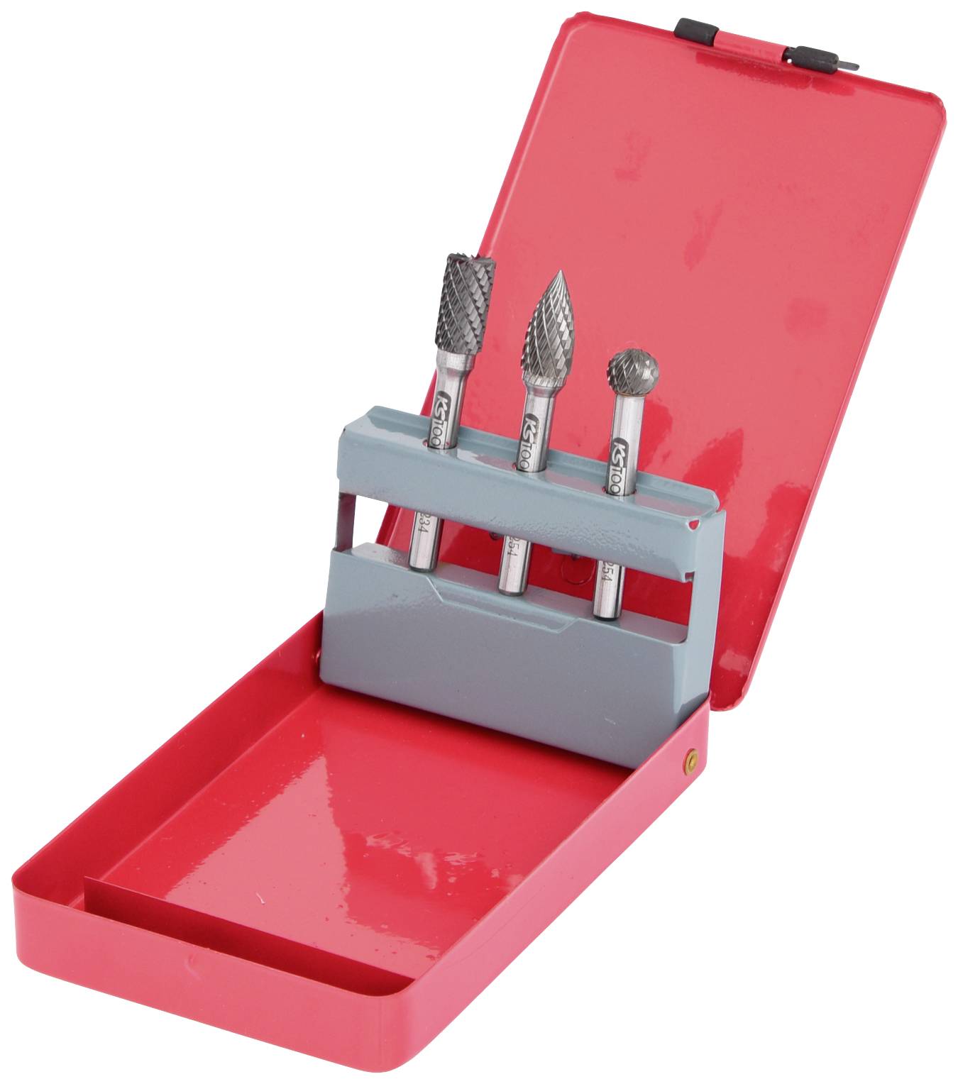 Roter Werkzeugkasten mit geöffnetem Deckel, der drei verschiedene Fräsköpfe auf einem grauen Halter zeigt. Ideal für Handwerker.