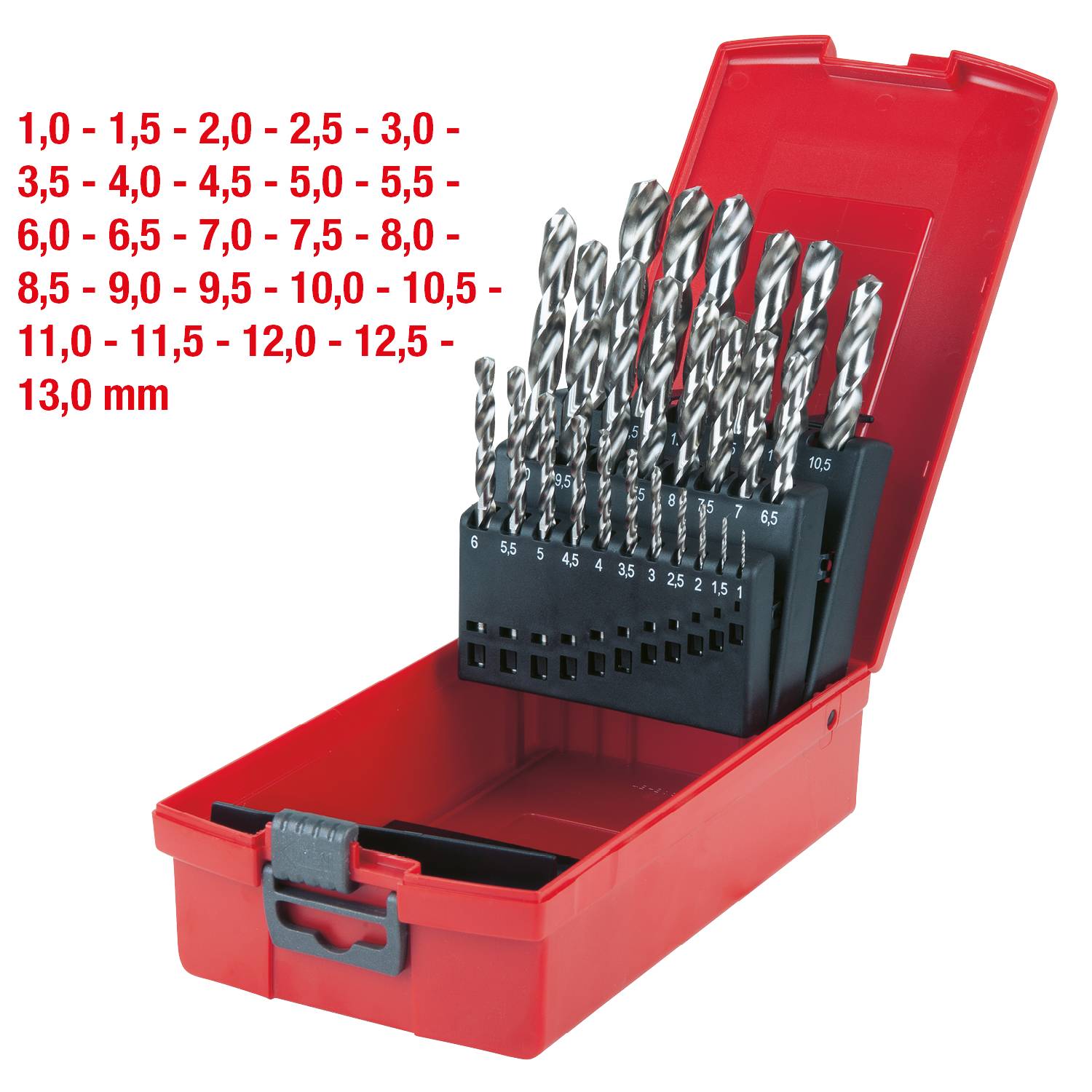 Ein rotes Kunststoffetui mit einem 19-teiligen Bohrer-Set. Die Bohrergrößen reichen von 1,0 mm bis 13,0 mm, geordnet nach Größe.