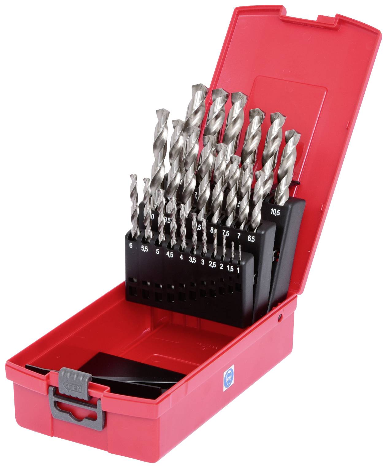 Ein Set Metallbohrer in einem roten Kasten. Verschiedene Größen sind in aufsteigender Reihenfolge angeordnet.