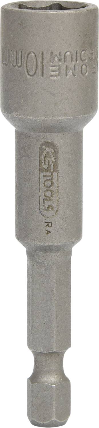 Metall Stecknuss, beschriftet mit '10 mm', Sechskantaufsatz. Markierung 'KS' und andere Details auf der Seite zu sehen.