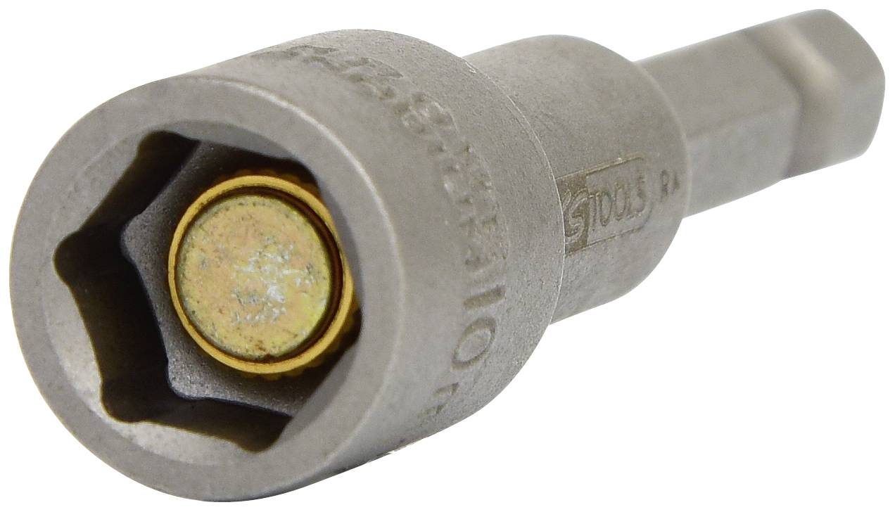 Ein silberner Steckschlüsselaufsatz mit hexagonalem Innenprofil und eingesetztem Magnet zur Fixierung von Muttern oder Schrauben.