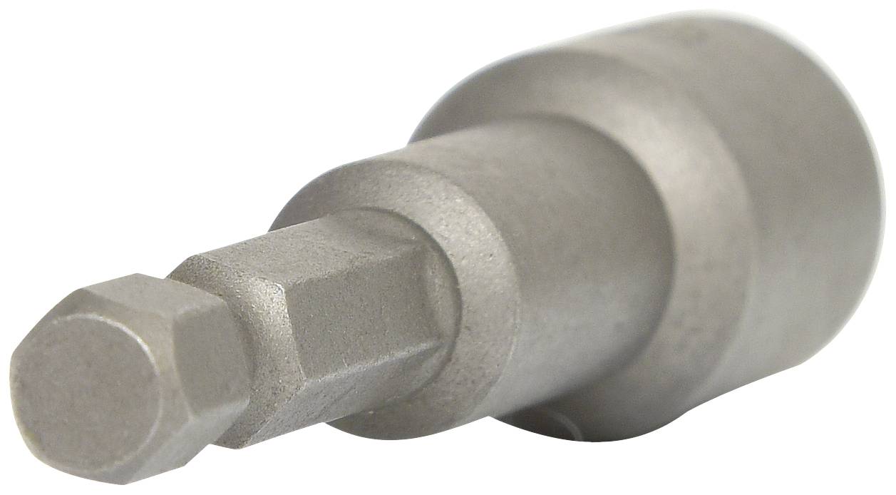 Eine graue, metallische Stecknuss mit sechseckigem Ende und zylindrischem Schaft, die üblicherweise für Schraubarbeiten verwendet wird.