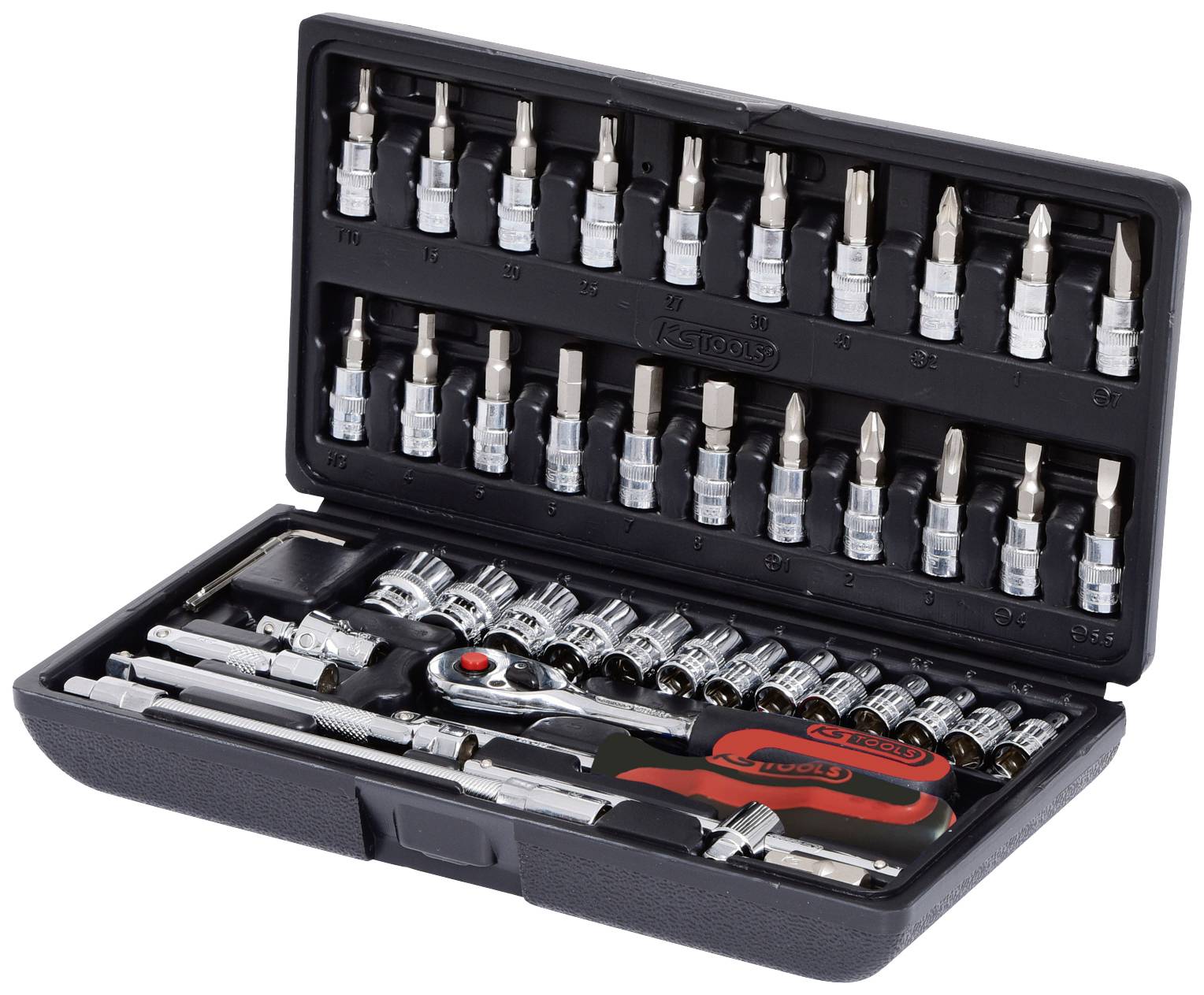 Werkzeugkoffer mit Steckschlüsselsatz, diverse Bits und Ratsche, bereit zur Nutzung.