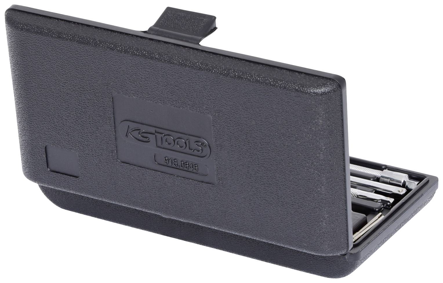 Ein schwarzes Etui von KS Tools mit sechs kompakt verstauten Inbusschlüsseln in verschiedenen Größen, teilweise sichtbar.