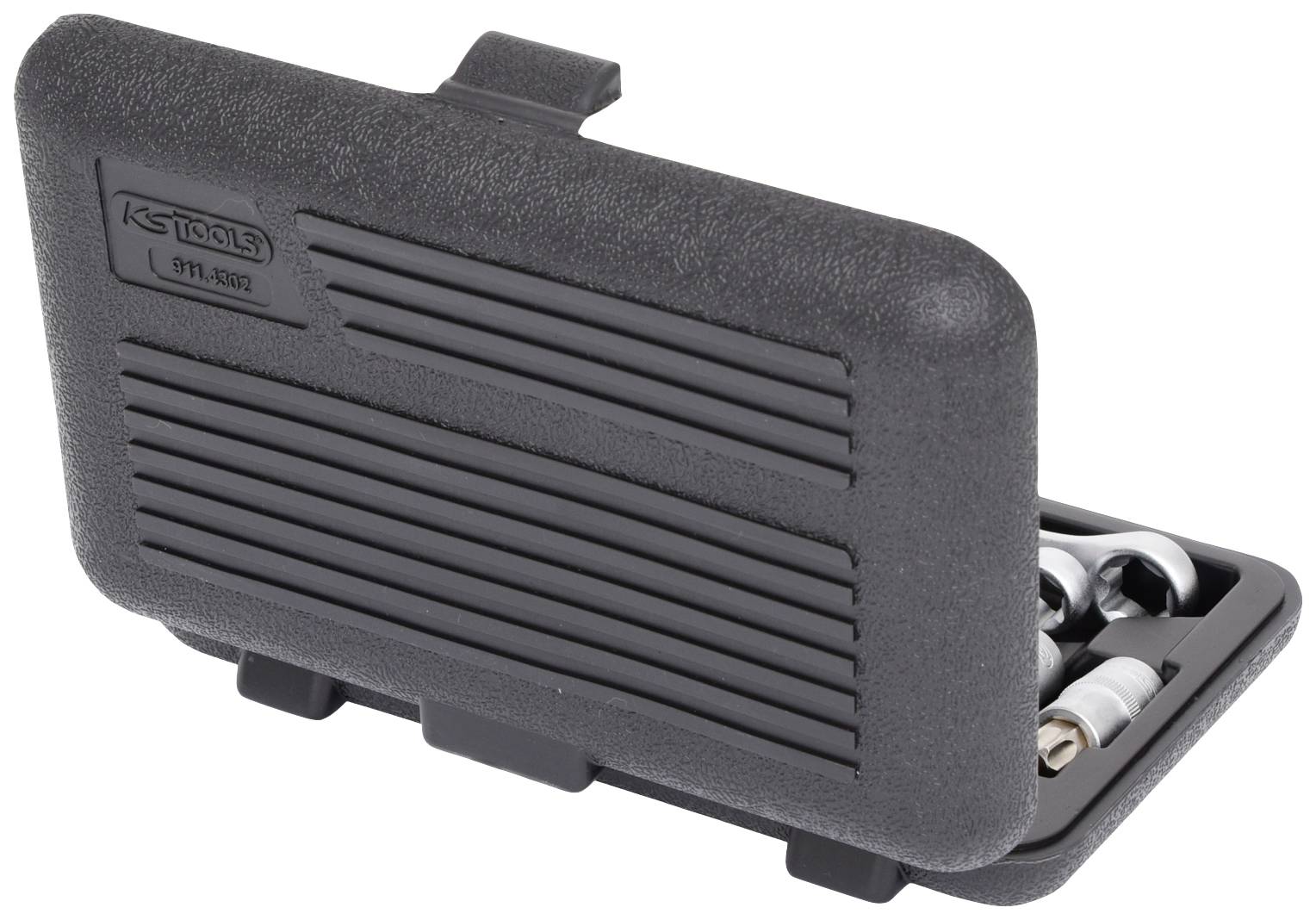 Schwarzer Werkzeugkoffer, teilweise geöffnet, zeigt Schraubenschlüssel-Einsätze und Adapter. Enthält KSTools-Logo auf dem Deckel.