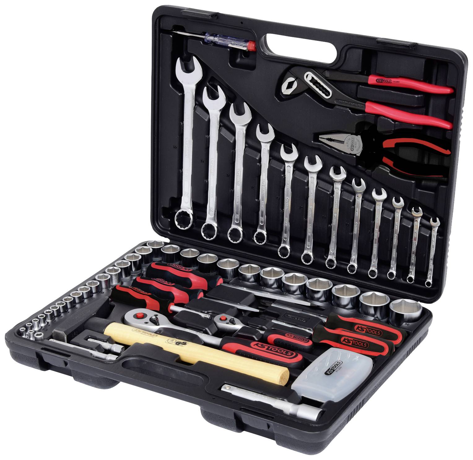 Ein geöffneter Werkzeugkoffer mit verschiedenen Handwerkzeugen, darunter Maulschlüssel, Zangen, ein Hammer und Schraubendreher.