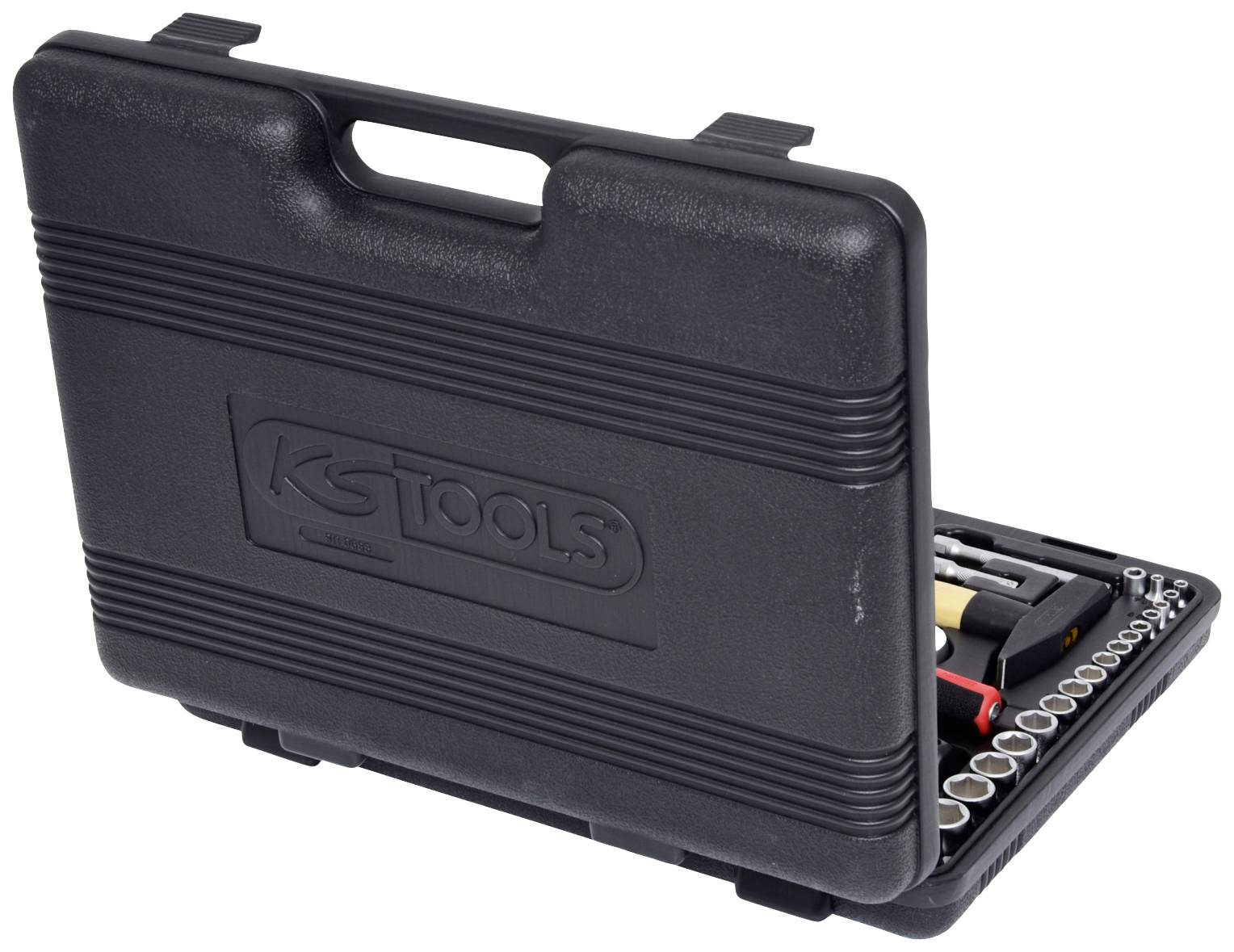 Ein geöffneter Werkzeugkoffer mit diversen Steckschlüsseln und Werkzeugen. Der Koffer ist schwarz und trägt das Logo 'KS Tools'.