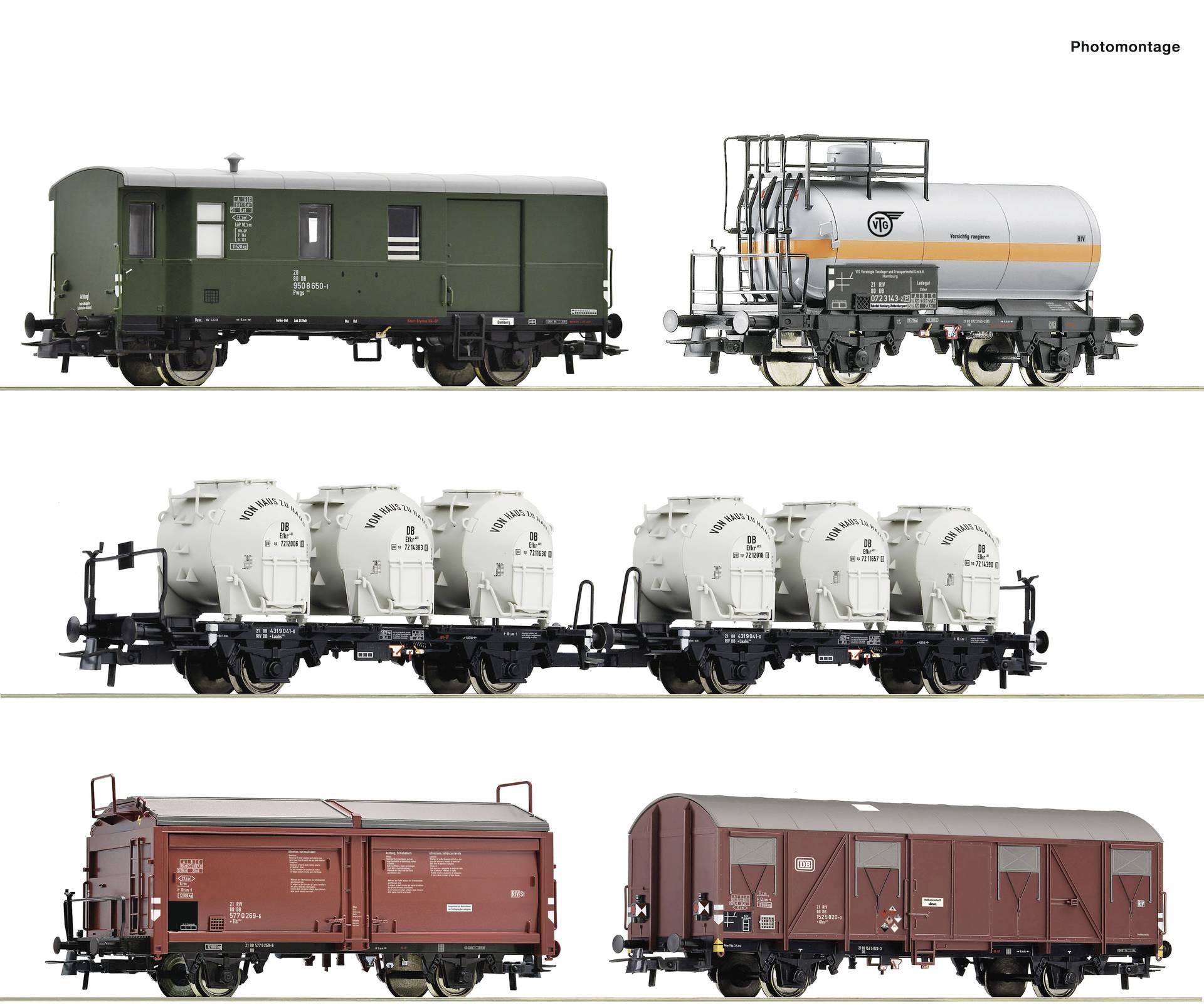 Eine Montage von vier Güterwagen-Modellen: ein grüner Dienstwagen, ein silberner Kesselwagen, ein weißer Containerwagen und ein roter Güterwagen.