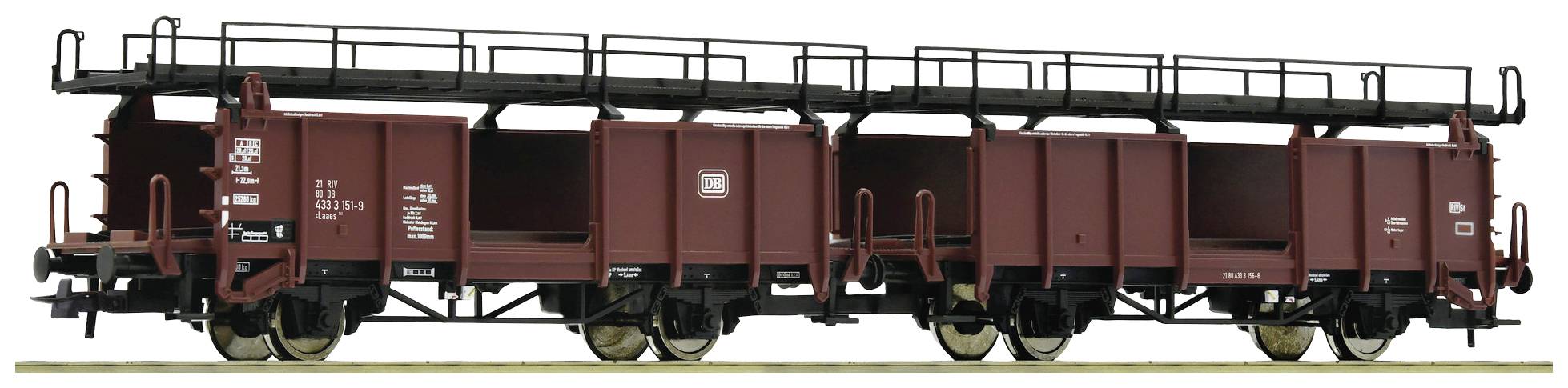 Bahnmodell eines offenen Güterwagens in Rot mit schwarzen Geländern. Es hat vier Achsen und ist für den Transport von Baumaterialien geeignet.