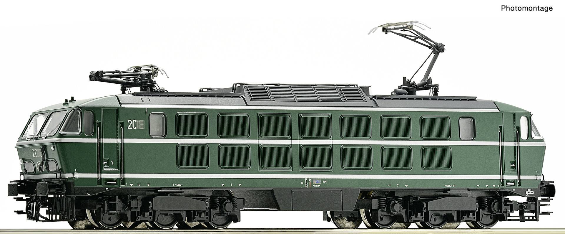 Das Bild zeigt eine grüne Elektrolokomotive Modell 20E mit detaillierter Seitenansicht. Oben sind Stromabnehmer sichtbar.