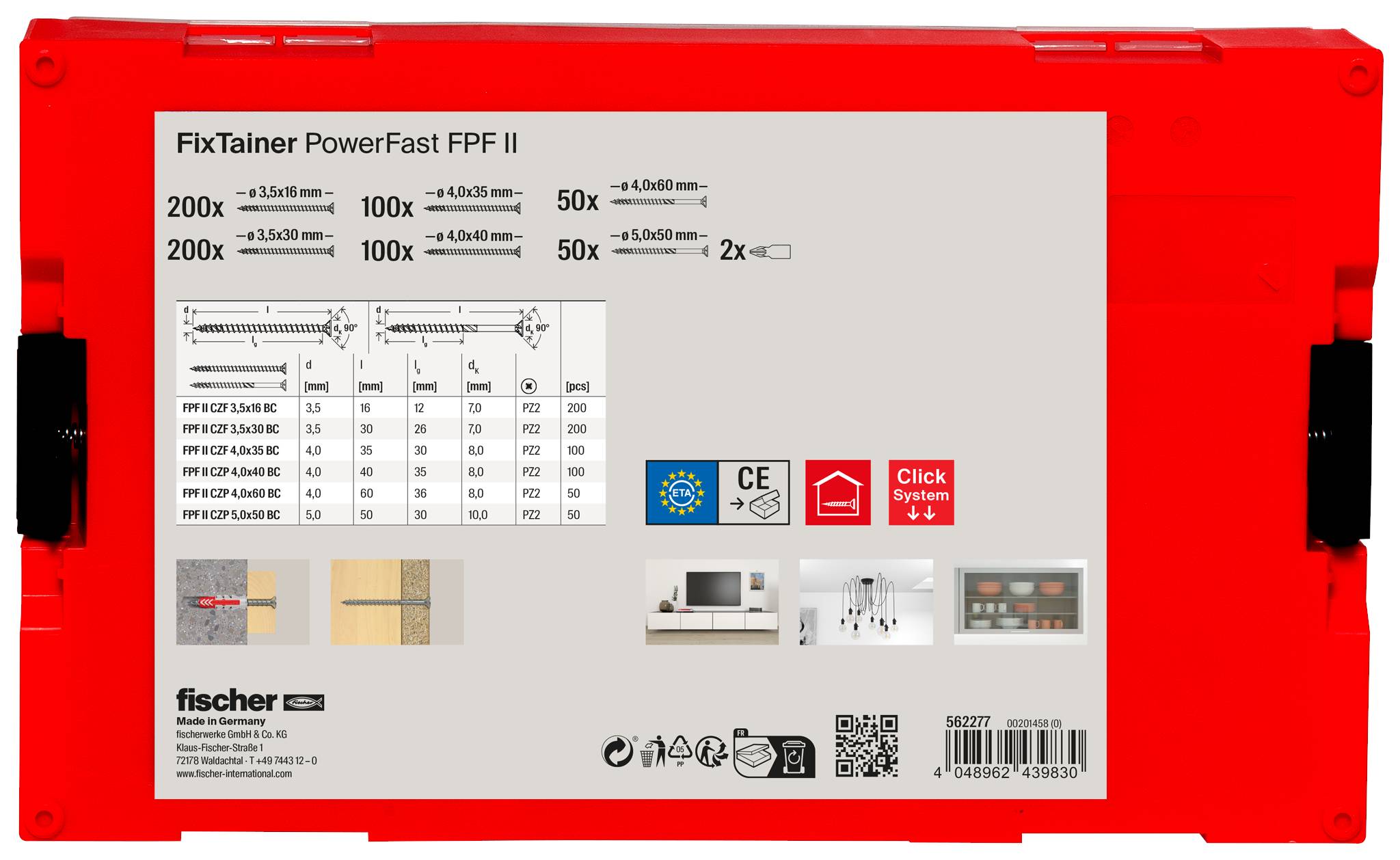 Fischer 562277 FixTainer PowerFast II PZ Spanplattenschrauben-Sortiment Kreuzschlitz Pozidriv Stahl galvanisch verzinkt 1 Set
