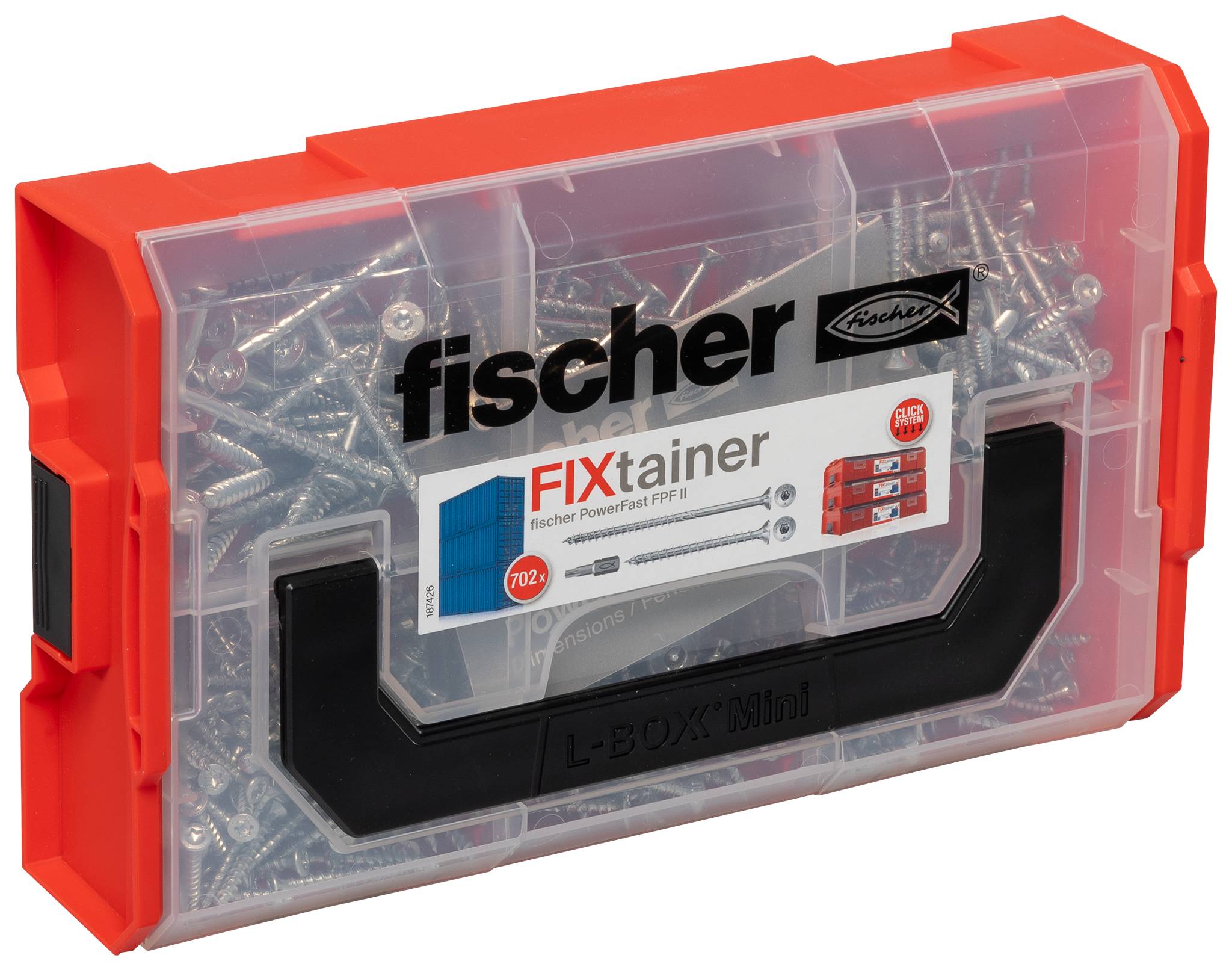 Transparenter Fischer FixTainer Schrauben-Sortierkasten mit orangem Rahmen, gefüllt mit verschiedenen Schrauben und Befestigungselementen.