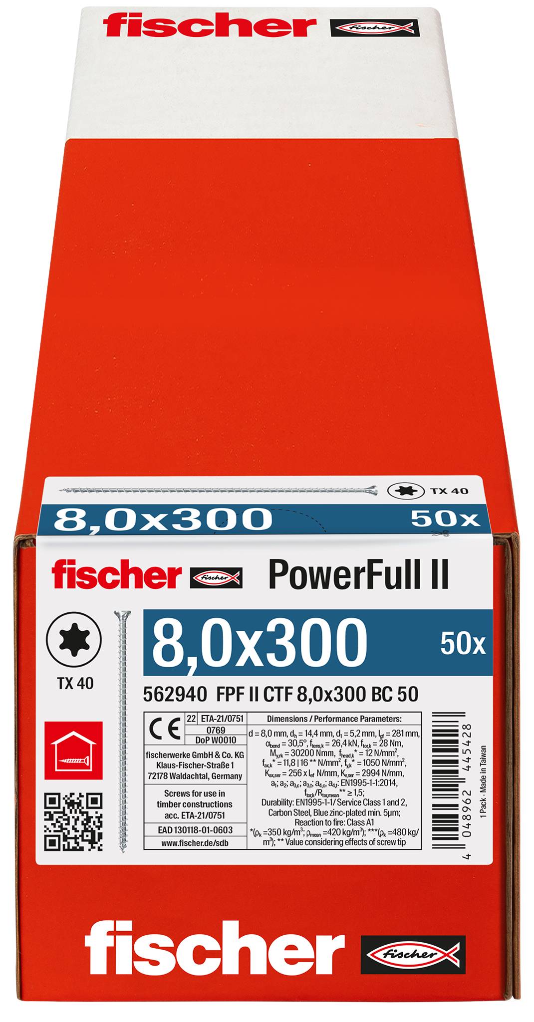 Fischer 562940 FPF II CTF 8,0 x 300 BC 50 Holzschraube 8mm 300mm TX Stahl galvanisch verzinkt 50St.