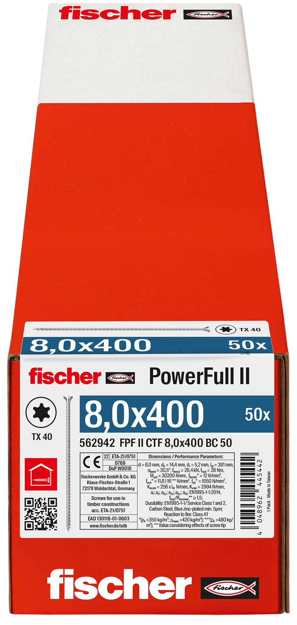 Fischer 562942 FPF II CTF 8,0 x 400 BC 50 Holzschraube 8mm 400mm TX Stahl galvanisch verzinkt 50St.