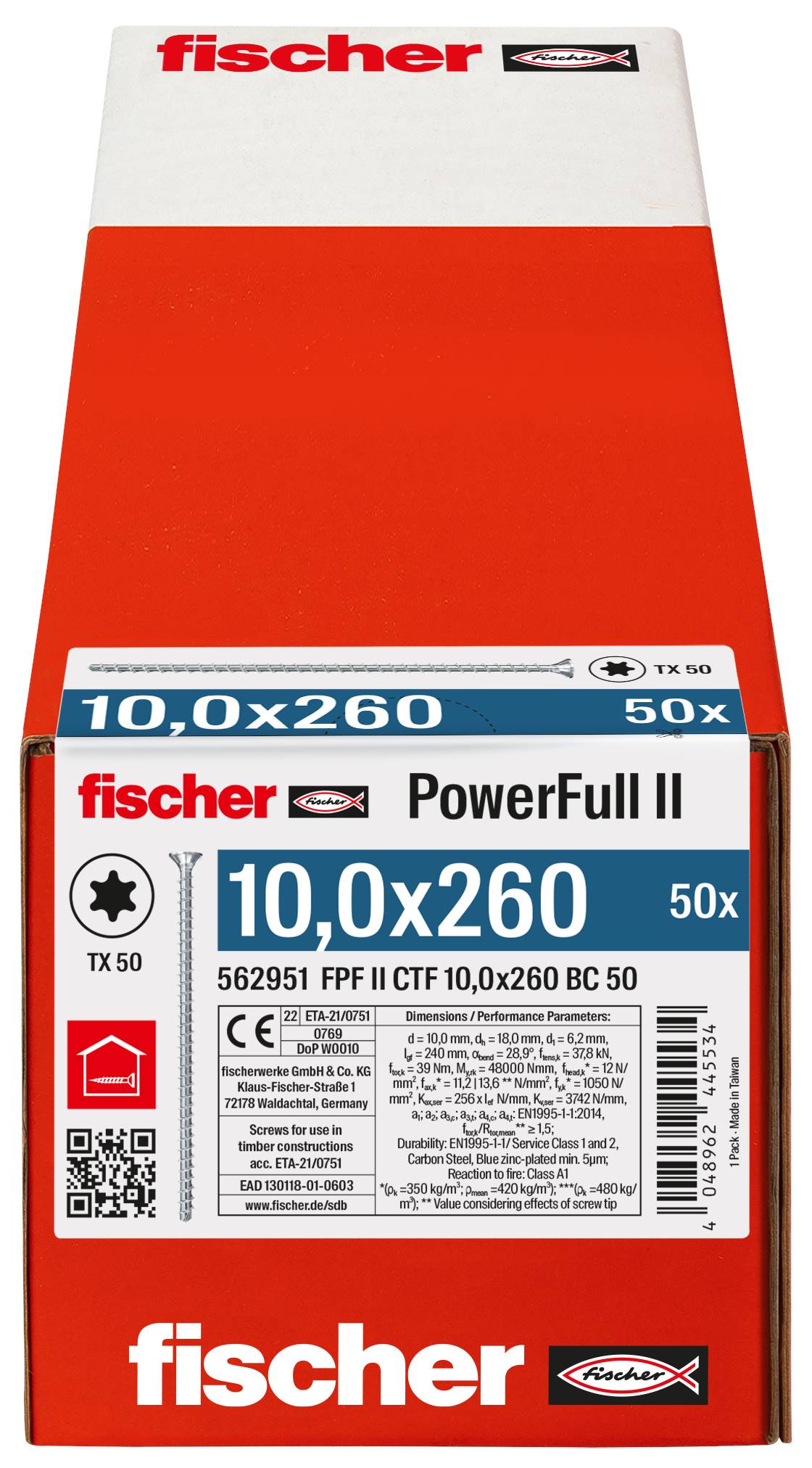 Fischer 562951 FPF II CTF 10,0 x 260 BC 50 Holzschraube 10mm 260mm TX Stahl galvanisch verzinkt 50St.