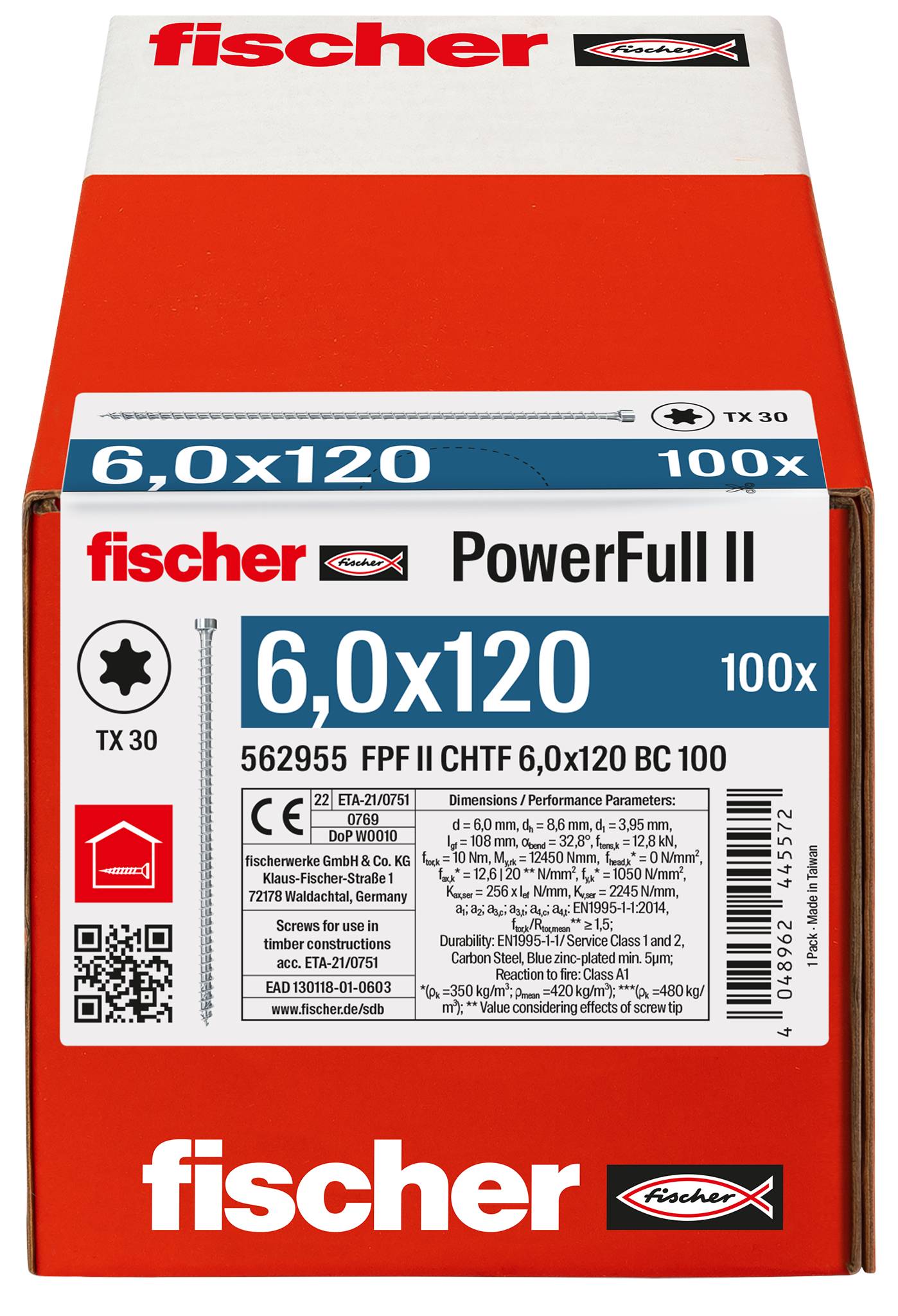 Fischer 562955 FPF II CHTF 6,0 x 120 BC 100 Holzschraube 6mm 120mm TX Stahl galvanisch verzinkt 100St.