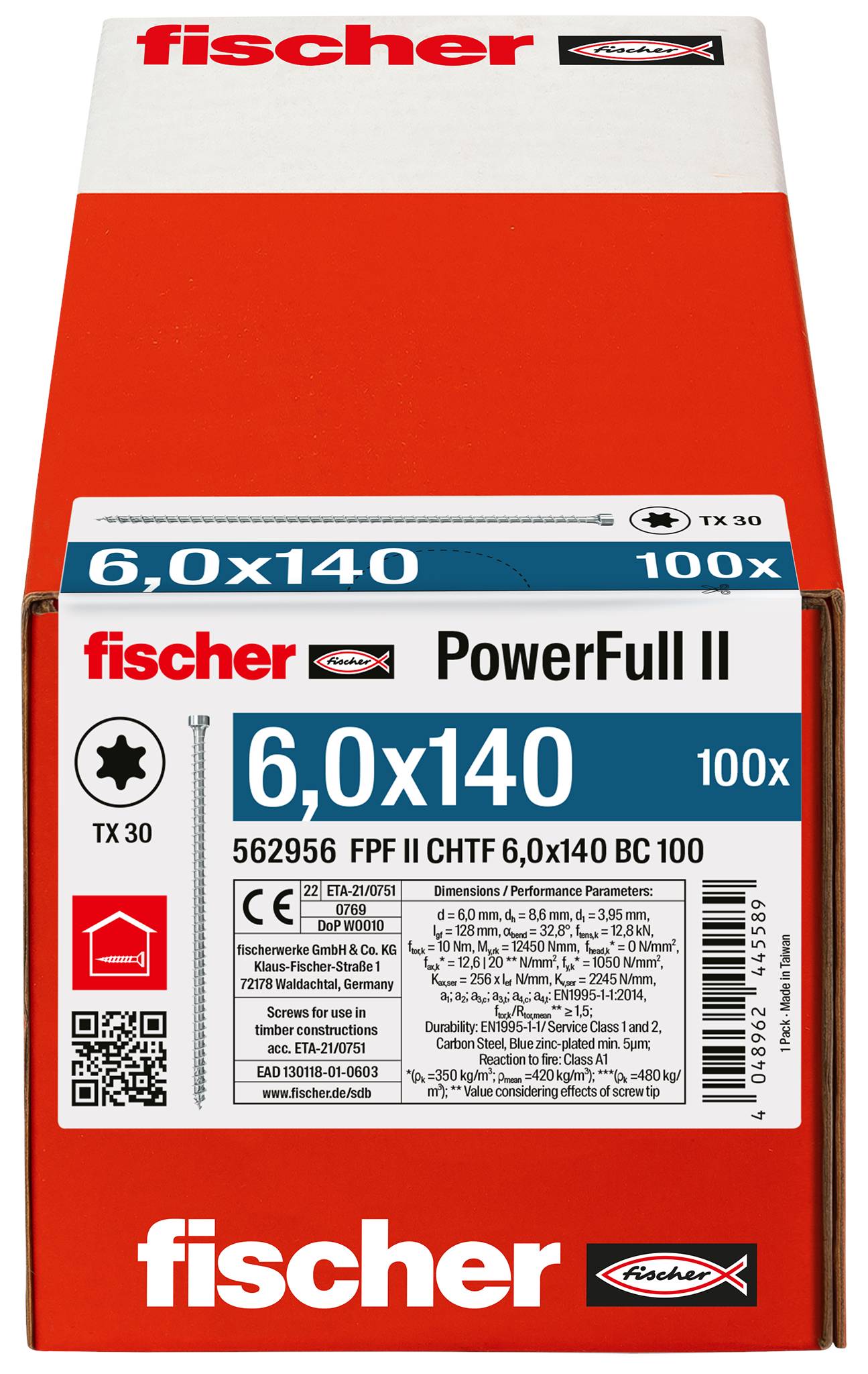 Fischer 562956 FPF II CHTF 6,0 x 140 BC 100 Holzschraube 6mm 140mm TX Stahl galvanisch verzinkt 100St.