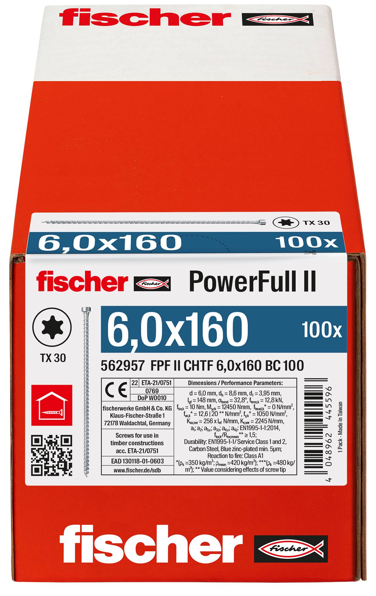 Fischer 562957 FPF II CHTF 6,0 x 160 BC 100 Holzschraube 6mm 160mm TX Stahl galvanisch verzinkt 100St.