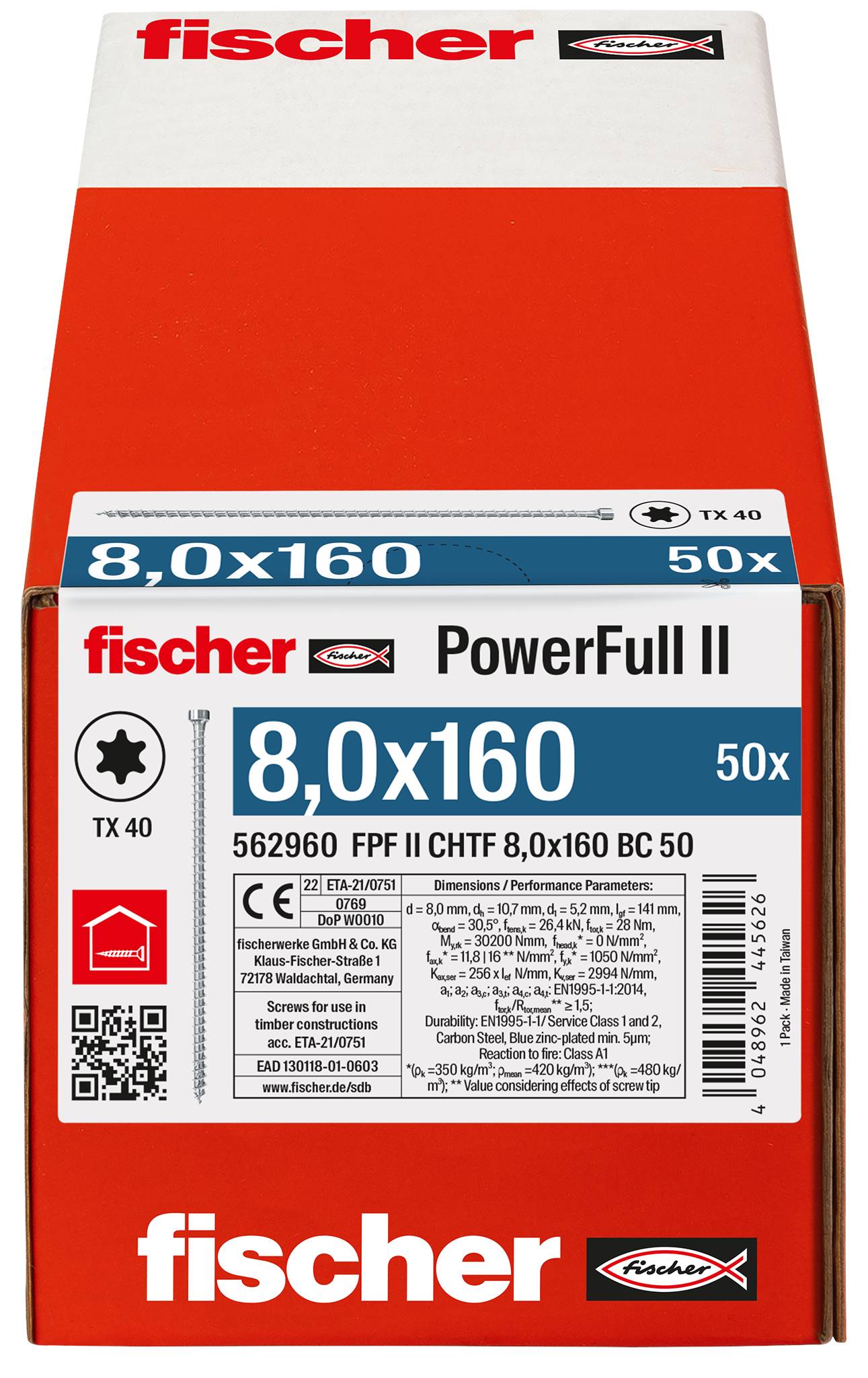 Fischer 562960 FPF II CHTF 8,0 x 160 BC 50 Holzschraube 8mm 160mm TX Stahl galvanisch verzinkt 50St.