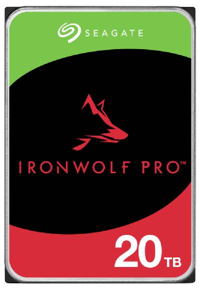 Seagate IronWolf Pro Festplatte mit 20 TB Kapazität. Schwarzes, rotes und grünes Design mit IronWolf-Logo in der Mitte.
