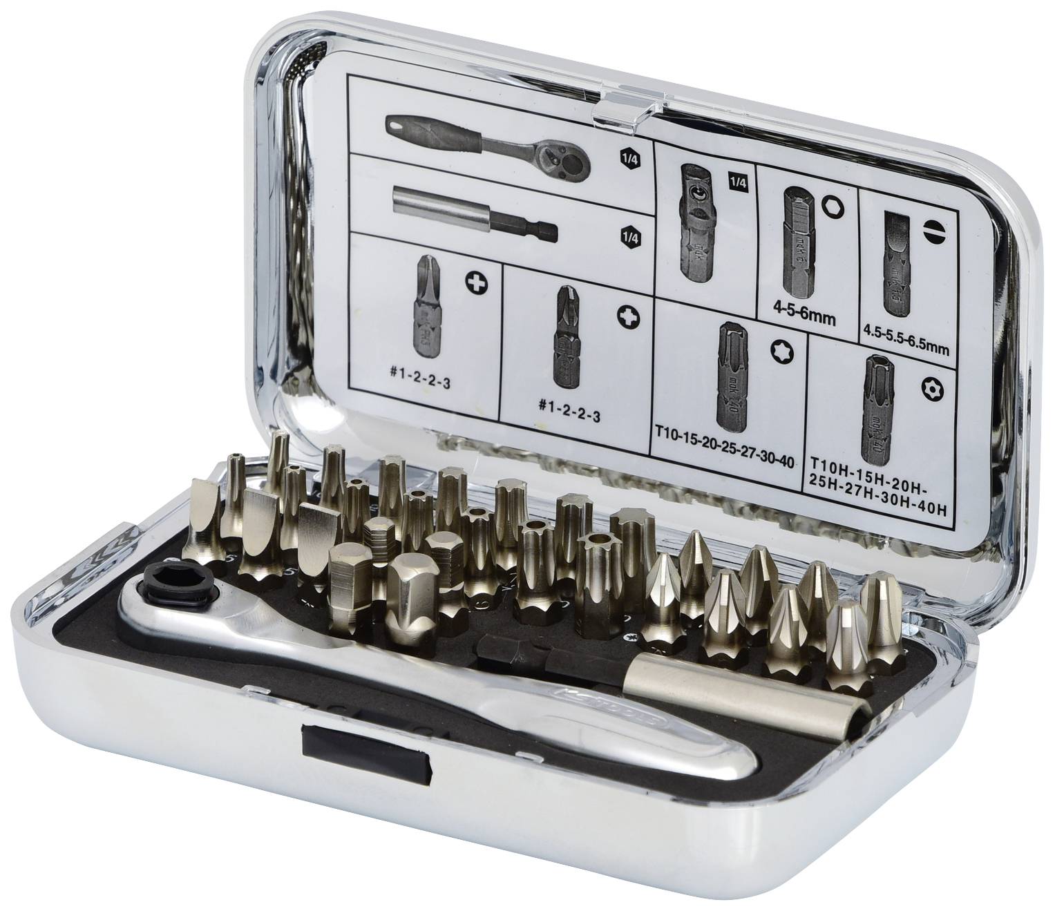 Kleines Werkzeugset mit Ratsche und verschiedenen Schraubaufsätzen in einem offenen Metallgehäuse, Detailabbildung der Aufsätze innen am Deckel.