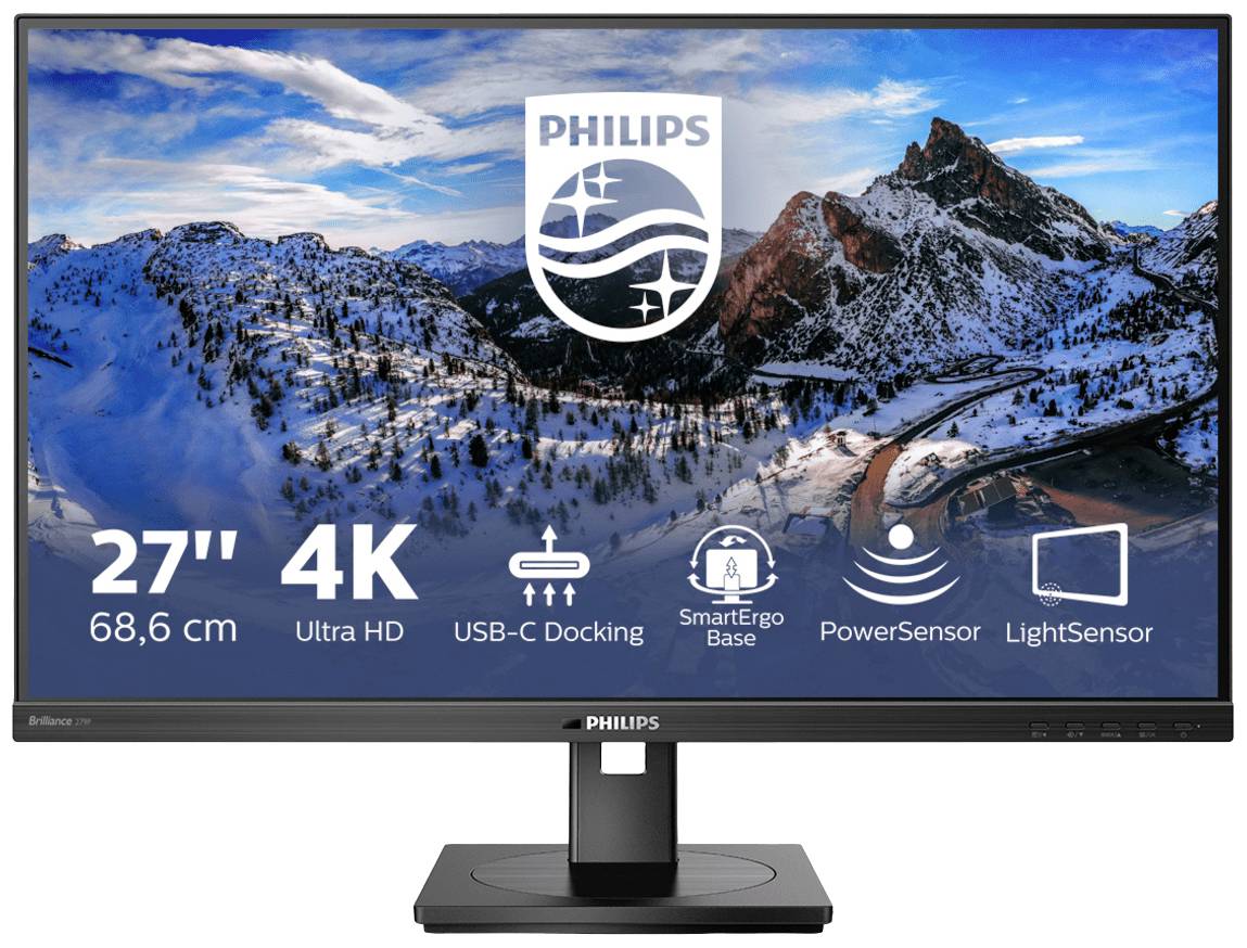 Ein Philips-Monitor, 27 Zoll, mit 4K-Auflösung. Funktionen: Ultra HD, USB-C-Docking, SmartErgoBase, PowerSensor, LightSensor.