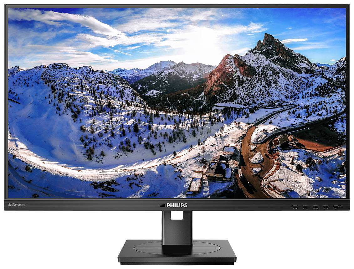 Ein PC-Monitor zeigt eine schneebedeckte Berglandschaft unter blauem Himmel mit Sonne. Markenlogo am unteren Rand des Bildschirms.