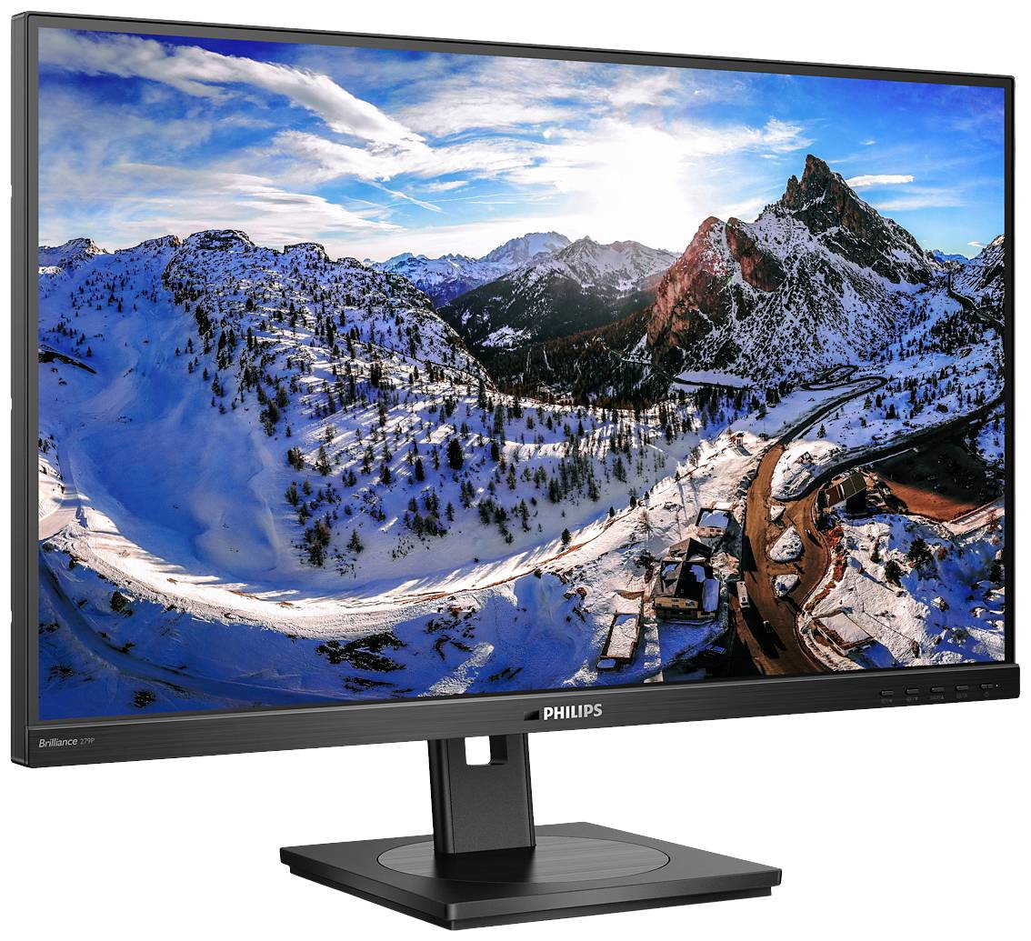 Ein Computerbildschirm von Philips zeigt ein schneebedecktes Bergpanorama mit einer Straße, die durch die Szene führt.