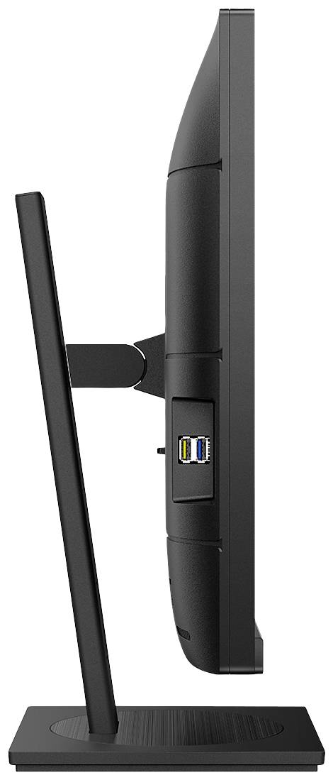 Seitenansicht eines schlanken, schwarzen Computerbildschirms mit rechteckigem Standfuß. Zwei USB-Ports sind sichtbar.