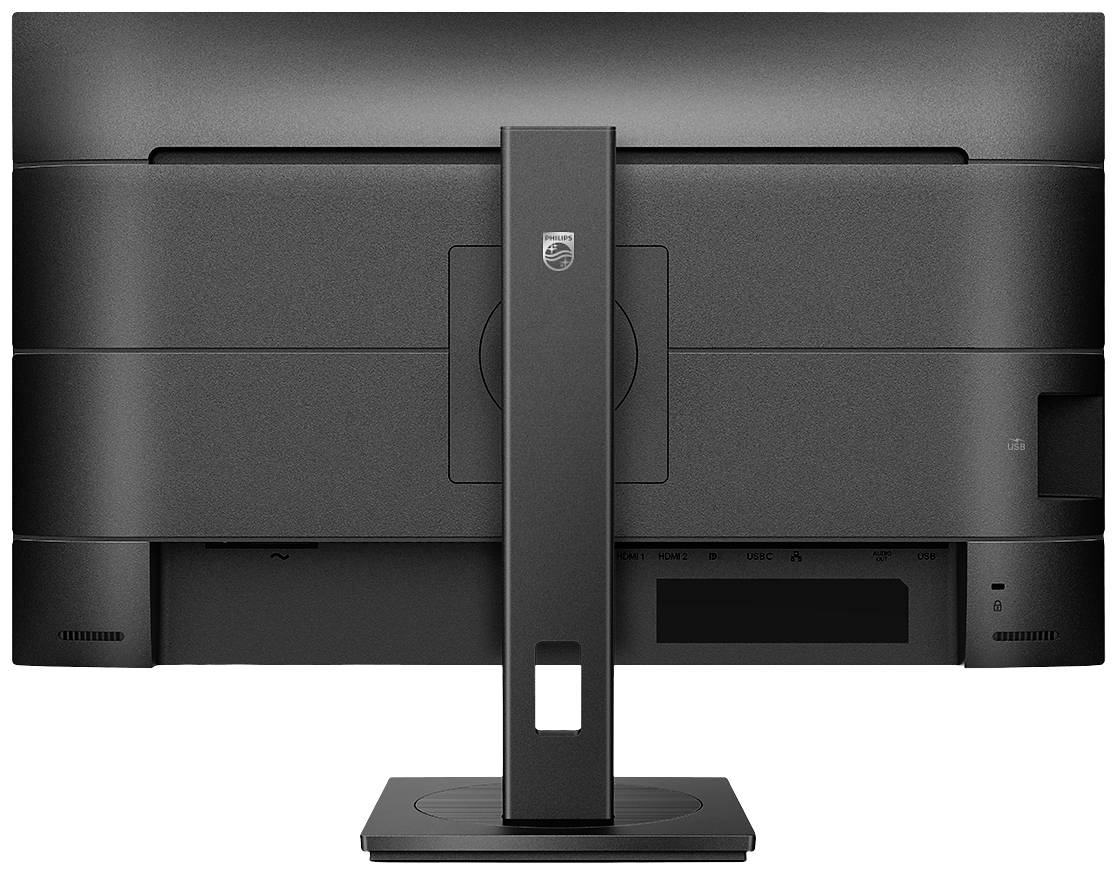 Ein schwarzer Computermonitor von hinten, auf einem rechteckigen Standfuß montiert. Es zeigt Belüftungsschlitze und Anschlüsse.