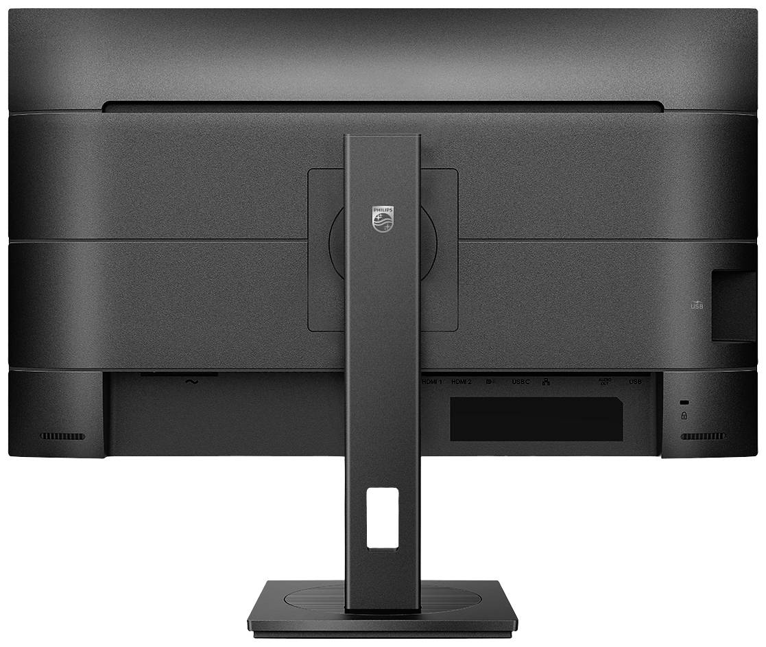 Rückansicht eines schwarzen Computerbildschirms mit stabilem Standfuß und Kabelmanagement.