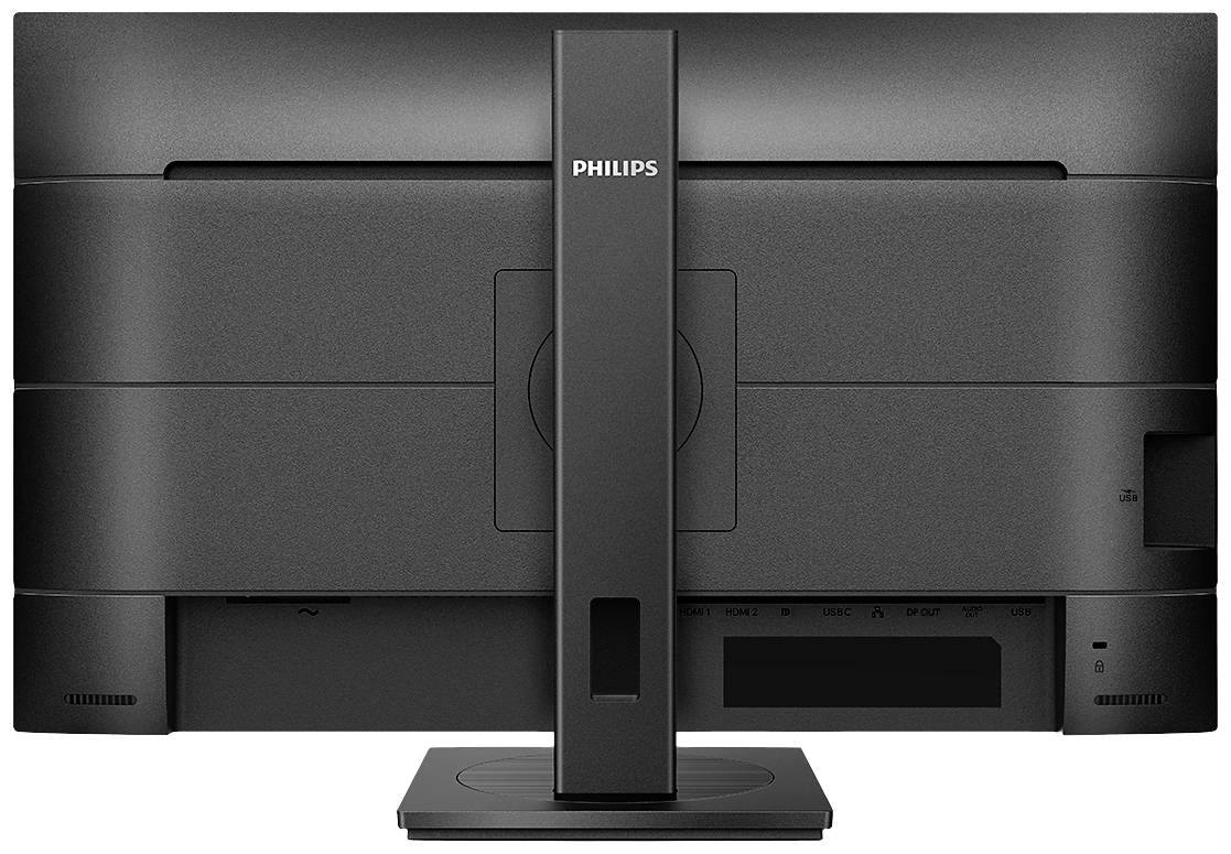 Ein schwarzer Computermonitor von hinten, Marke Phillips, auf einem rechteckigen Standfuß montiert.