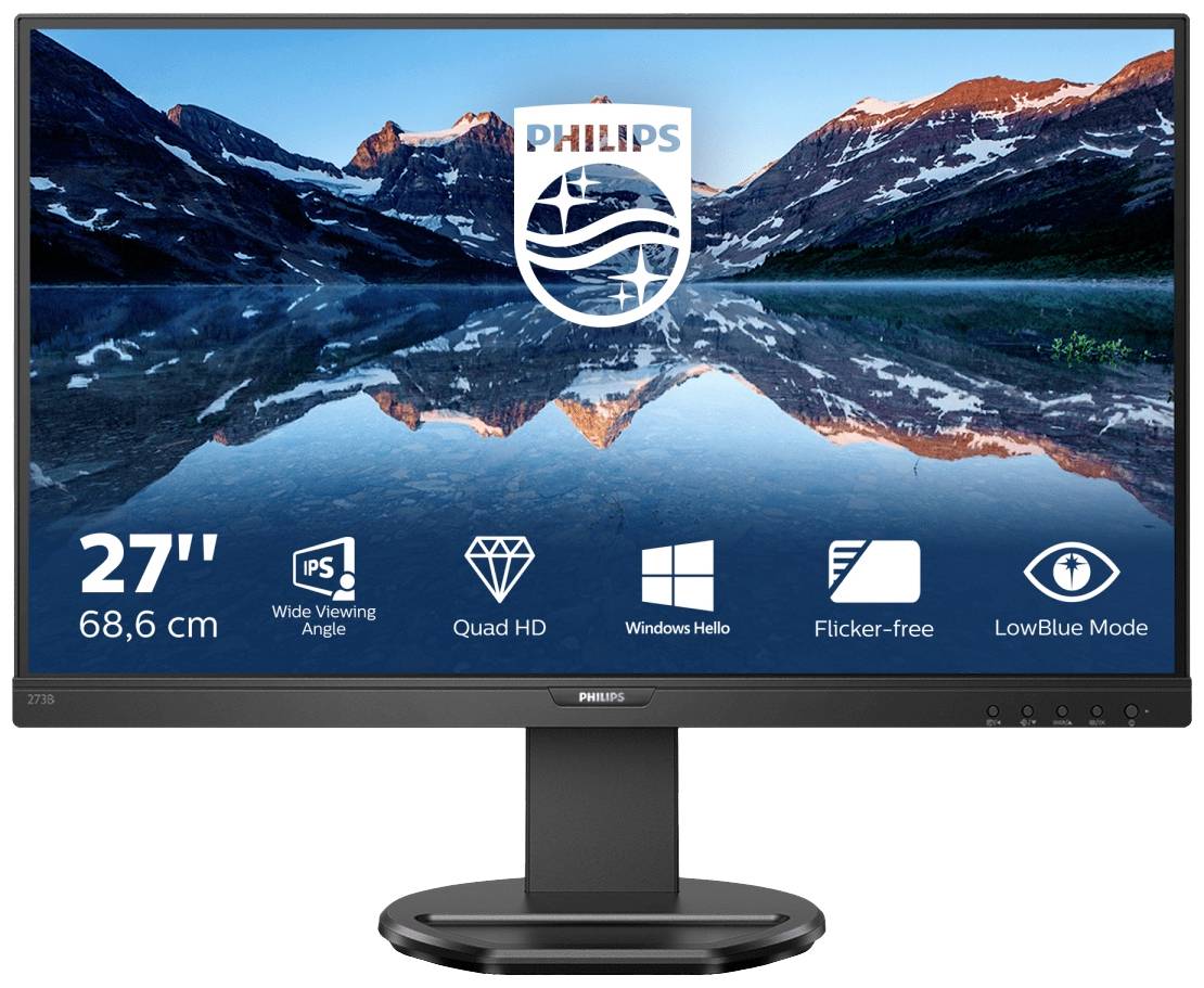 Ein 27-Zoll Philips Monitor zeigt eine Berglandschaft, beworben werden Funktionen wie IPS, Quad HD, Windows Hello, flimmerfrei und LowBlue Mode.