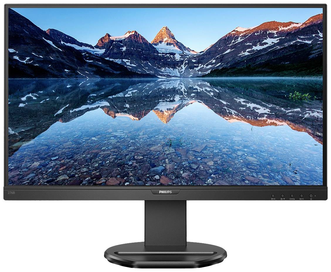 Ein Philips-Monitor mit einem Bild von Bergen, die sich in einem klaren See spiegeln. Das Bild zeigt eine ruhige Landschaftsszene.