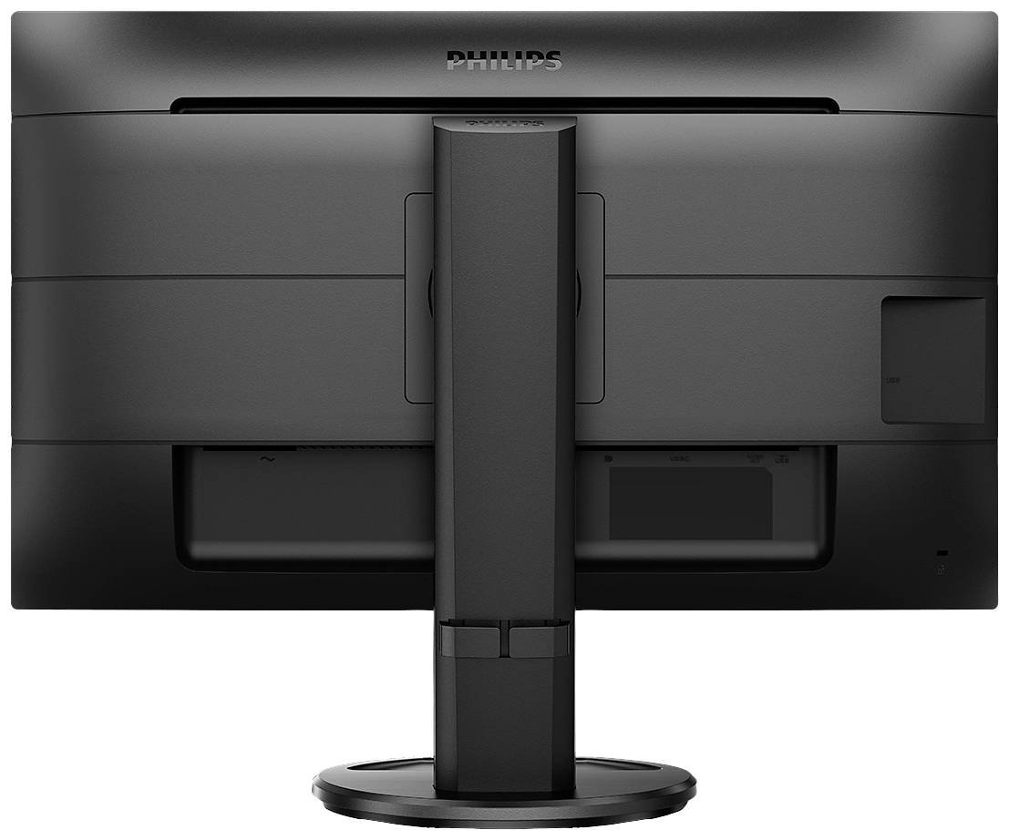 Ein schwarzer Computermonitor von hinten gesehen. Das Design ist schlicht und funktional, mit einem verstellbaren Standfuß.