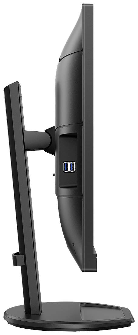 Seitenansicht eines schwarzen Computerbildschirms mit zwei USB-Anschlüssen auf der Rückseite. Der Monitor steht auf einem runden Standfuß.