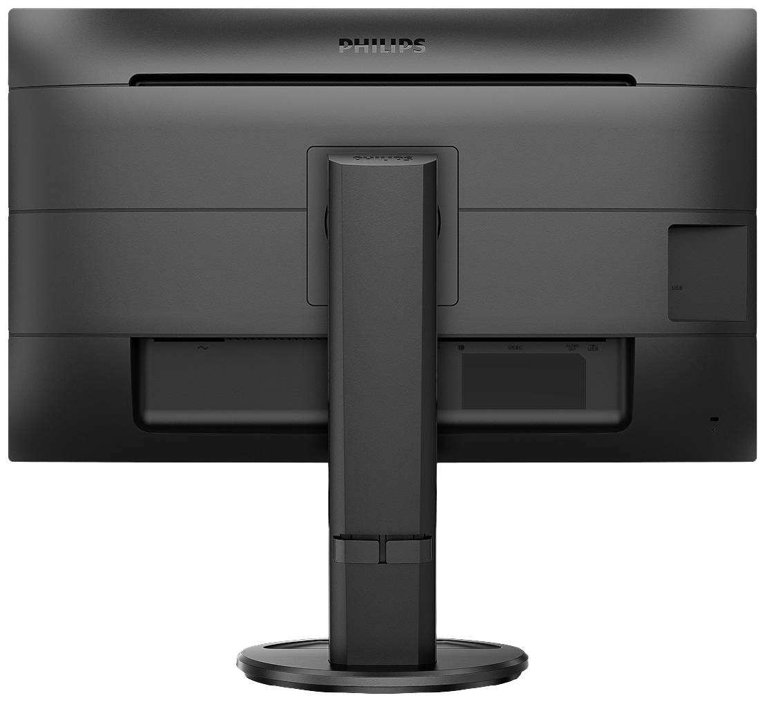 Rückansicht eines schwarzen Philips-Monitors mit rechteckigem Standfuß.
