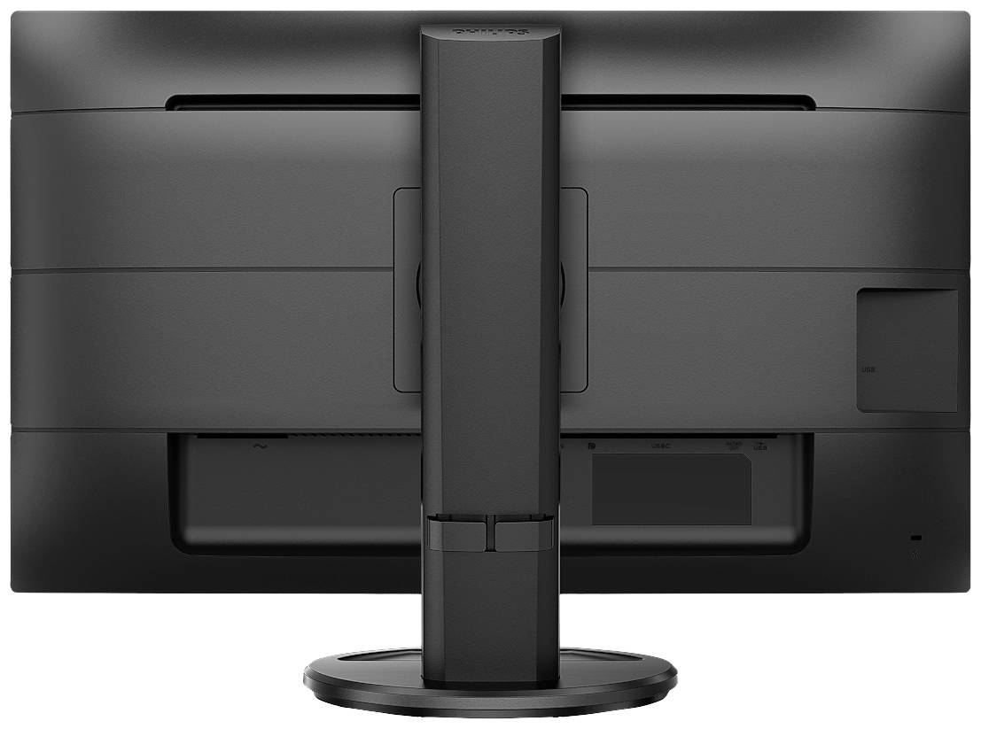 Ein schwarzer Computermonitor, Rückansicht, zeigt den Standfuß in der Mitte.
