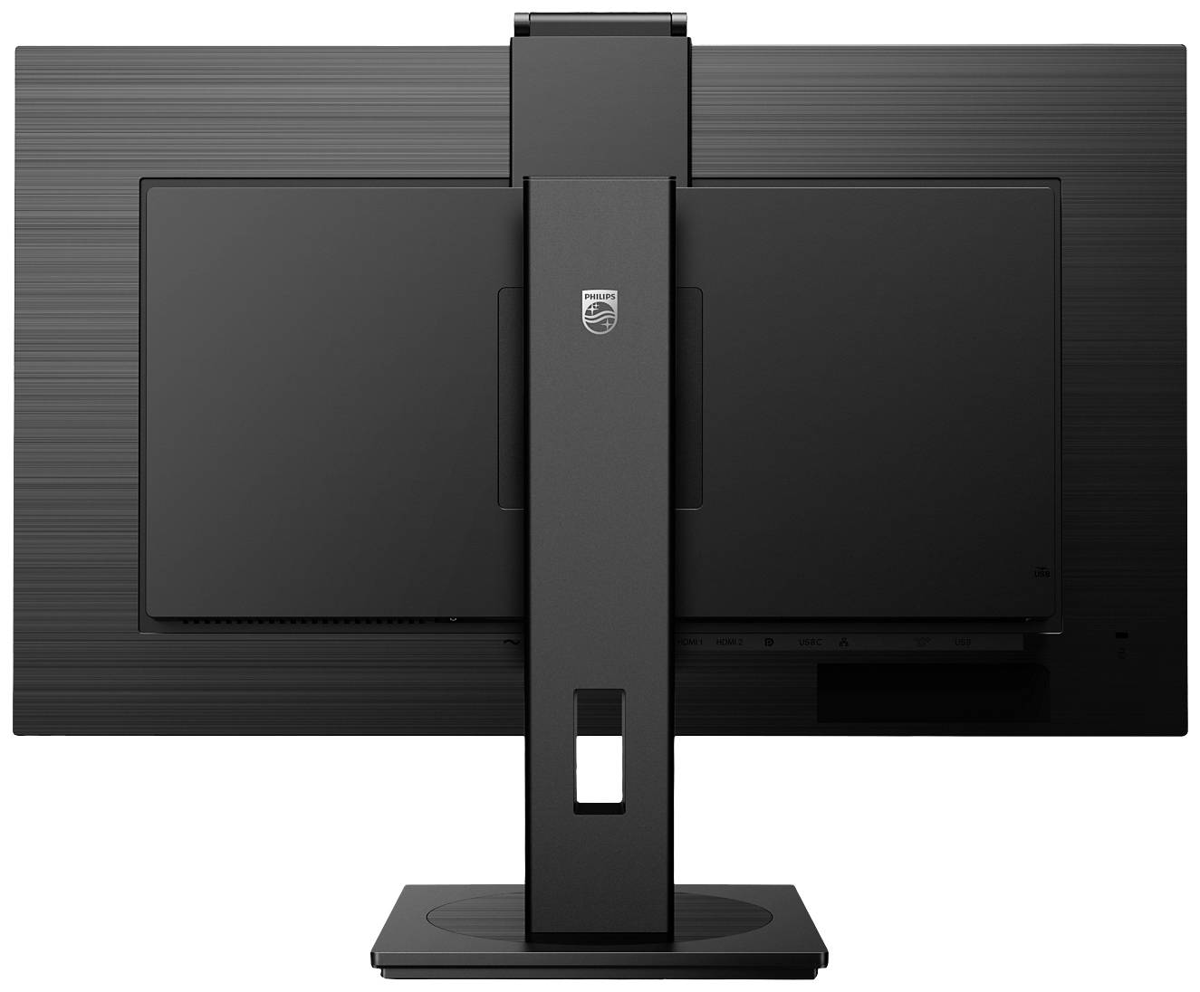 Ein Monitor von hinten, an einem schwarzen, rechteckigen Standfuß montiert. Das Design ist schlicht und modern.