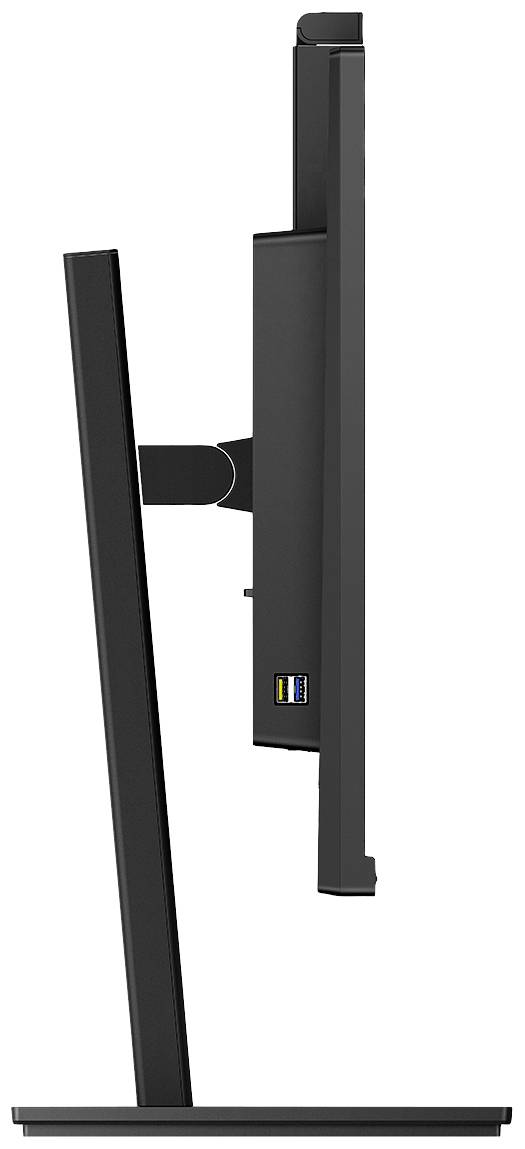 Seitenansicht eines schwarzen Computerbildschirms auf einem Standfuß. Das Design ist schlank und modern.