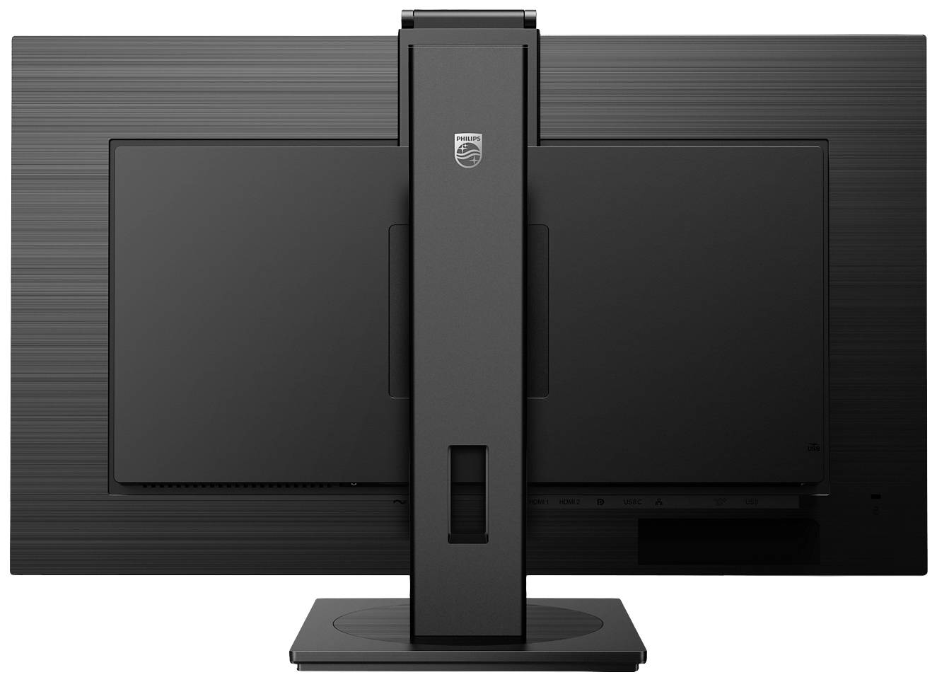 Rückseite eines schwarzen Computermonitors mit schlichtem Design und vertikalem Standfuß. Keine sichtbaren Anschlüsse oder Marken.