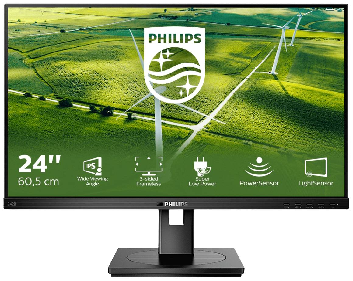 24-Zoll Philips-Monitor in Grün mit Windkraftanlagen im Hintergrund. Icons zeigen Funktionen: breiter Betrachtungswinkel, energiesparend, Sensoren.