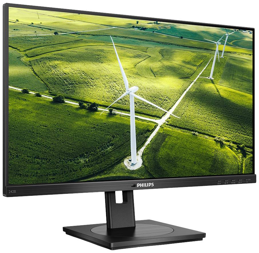 Ein Monitor zeigt ein Bild von Windkraftanlagen in einer grünen Landschaft, symbolisiert erneuerbare Energie und Nachhaltigkeit.