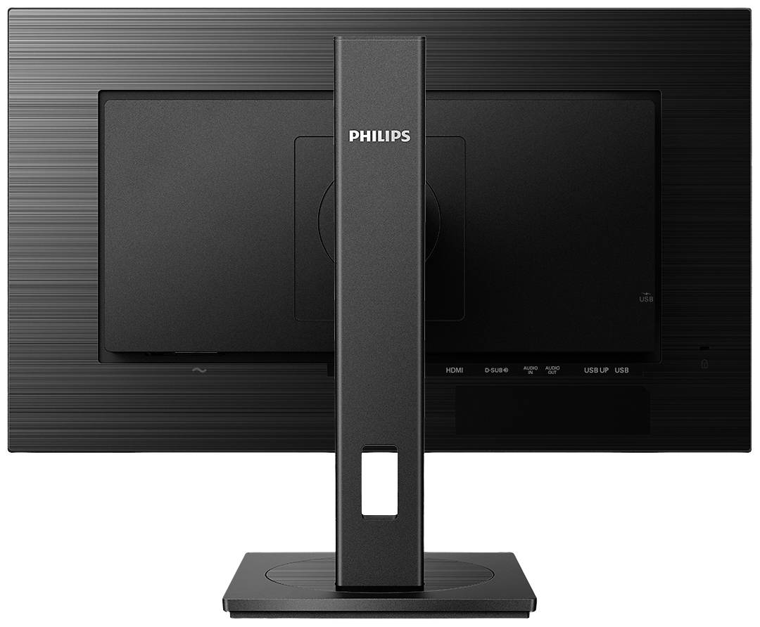 Rückansicht eines Philips Computermonitors mit einem stabilen Standfuß. Anschlüsse: HDMI, DisplayPort, USB.