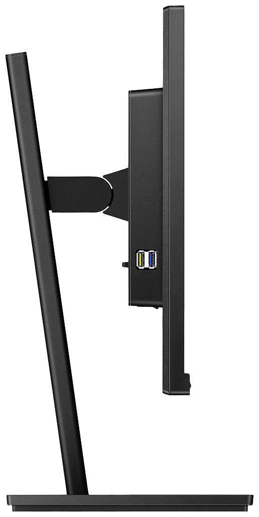 Seitenansicht eines schwarzen Computerbildschirms mit einem schlanken Design und Anschlüssen an der Seite.