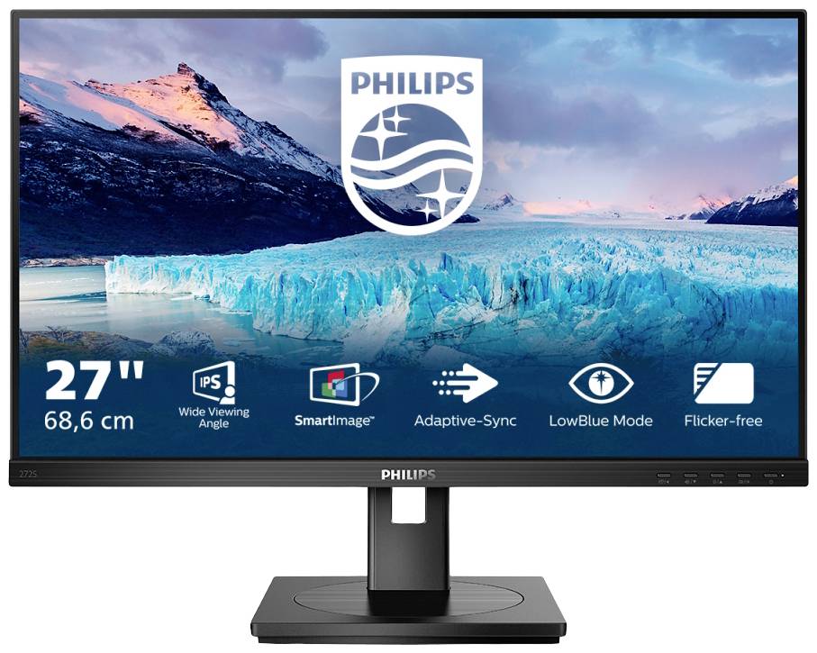 Ein Philips-Monitor zeigt ein Bild von Eisbergen bei Sonnenuntergang. Darunter Symbole für 'Wide Viewing Angle', 'SmartImage', 'Adaptive-Sync', 'LowBlue Mode', 'Flicker-free'.